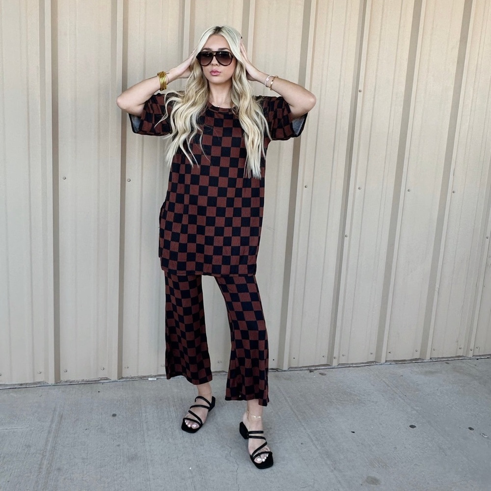 Star Blvd - Ribbed Checkerboard Playsuit in Black + Mocha